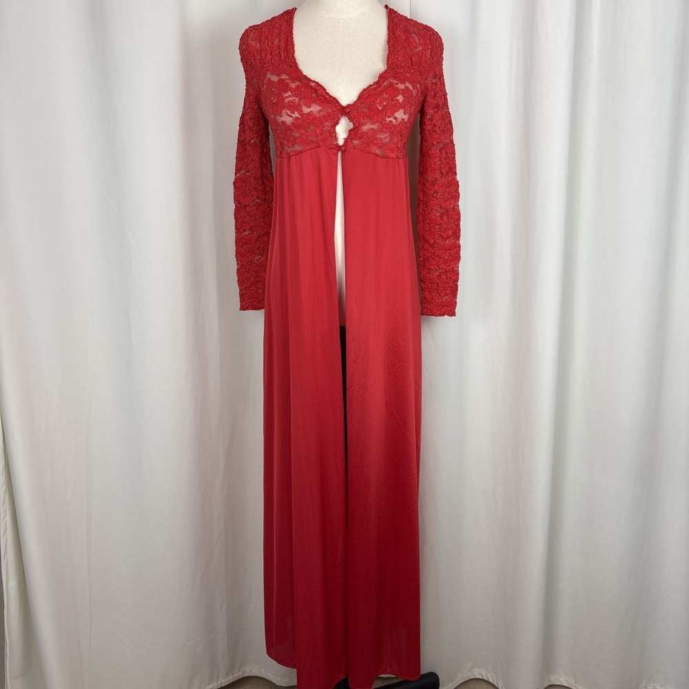 Vtg 60s 70s Red Nylon Lace Long Sleeve Empire Waist Robe Peignoir Sz M Lorraine